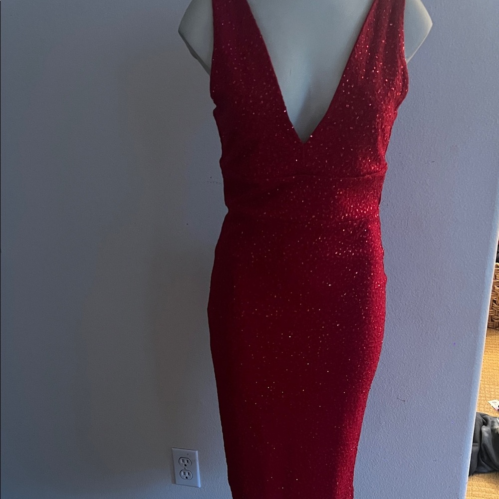 G by Guess Red Bodycon Midi Dress Plunge Neckline